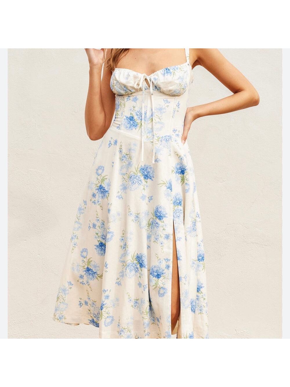Vici Floral Linen Blend Sweetheart Corset Midi Dress Women's Large White Blue
